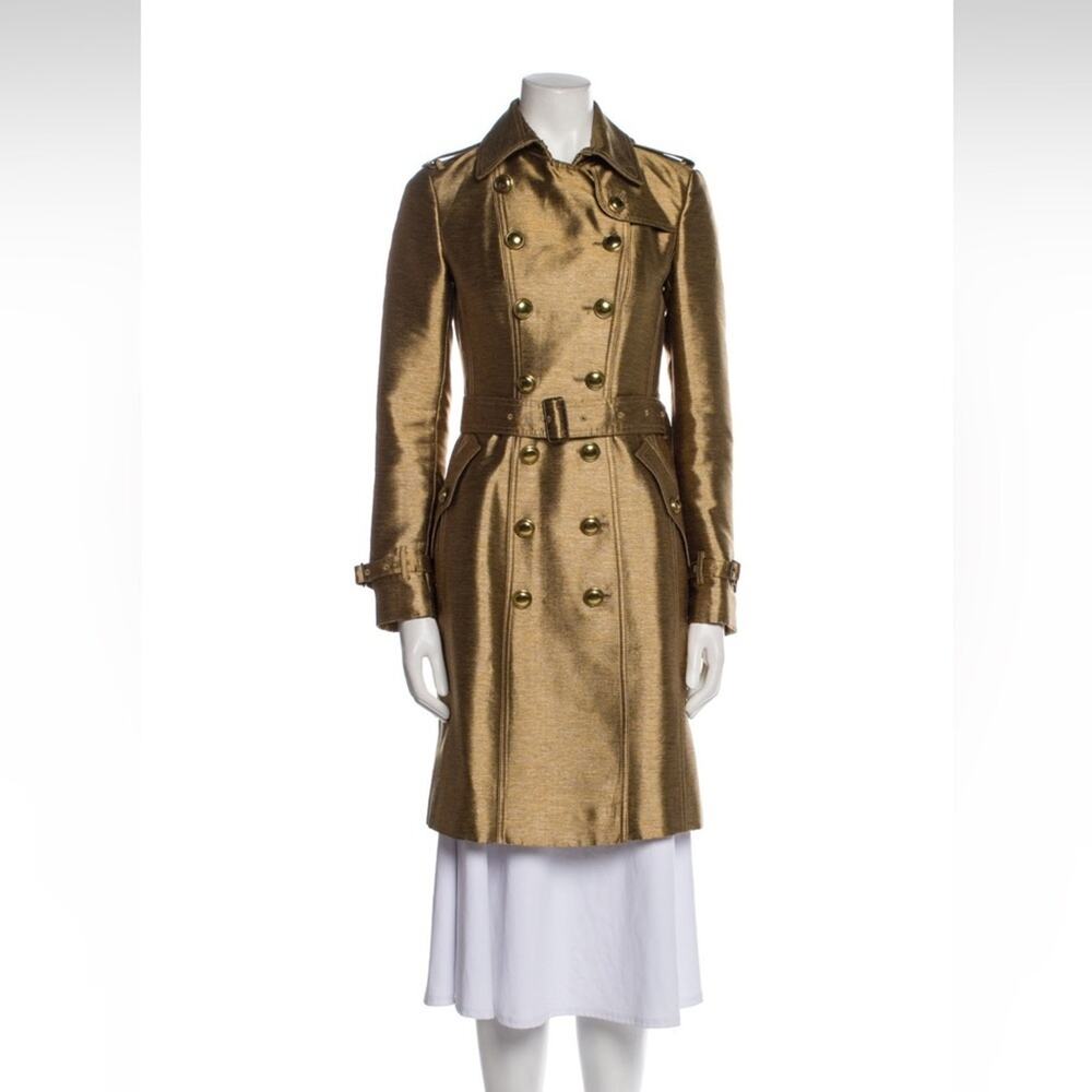 BURBERRY silk gold metallic trench coat jacket S - Picture 3 of 11